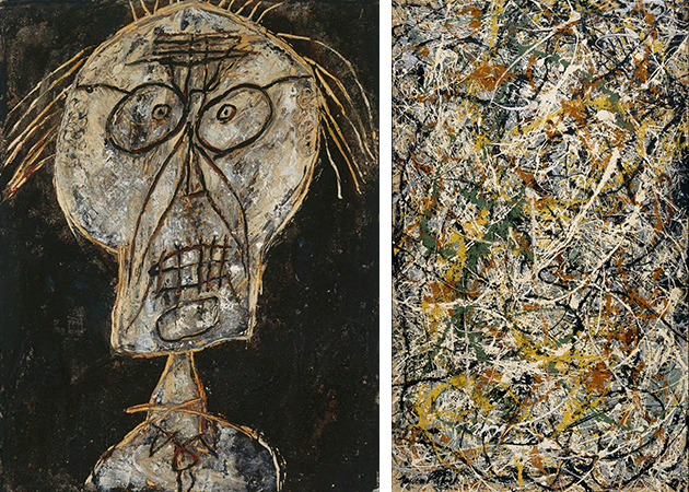 [left] Jean Dubuffet, D’Hôtel Shaded with Apricot (D’Hötel Nuancé d’Abricot), 1947. Musée National d’Art Moderne, Centre Georges Pompidou, Paris. Image: © CNAC/MNAM, Dist. RMN-Grand Palais / Art Resource, NY, Artwork: © 2022 Artists Rights Society (ARS), New York / ADAGP, Paris [right] Jackson Pollock, Number 3, Tiger, 1949. Hirshorn Museum and Sculpture Garden, Smithsonian Institution, Washington, D.C. Artwork: © 2022 Pollock-Krasner Foundation / Artists Rights Society (ARS), New York